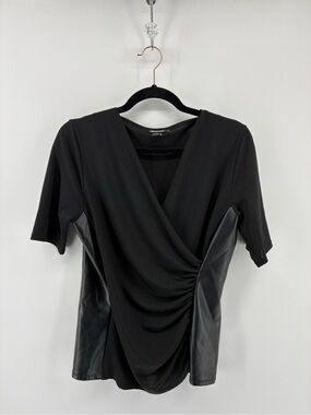 Black Faux-Leather Panel Draped Wrap Top